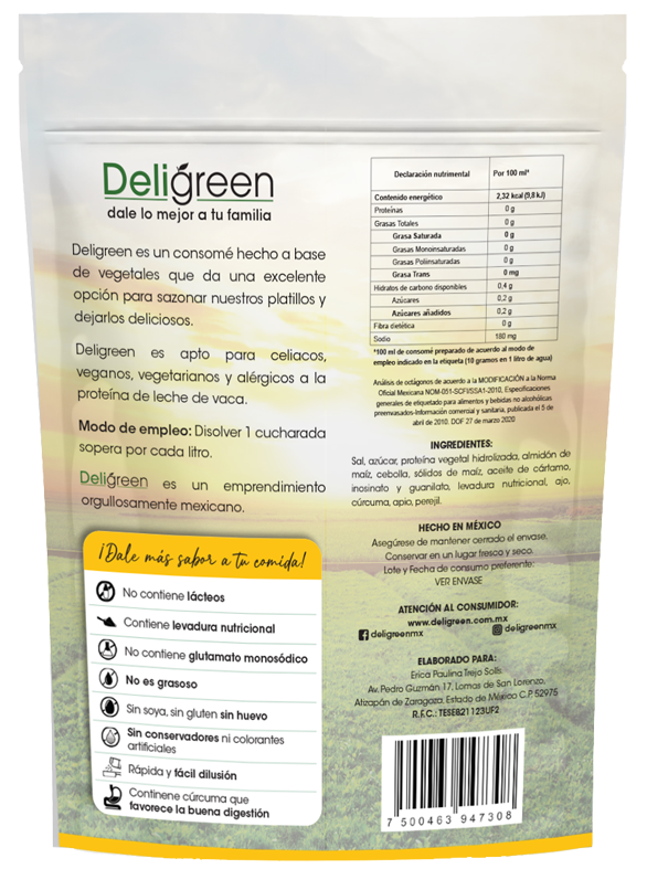 Ingredientes del consomé sazonador vegetal Deligreen