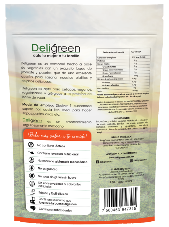 Ingredientes del sazonador vegetal con jitomate Deligreen
