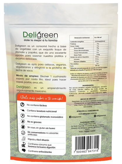 Ingredientes del sazonador vegetal con jitomate Deligreen
