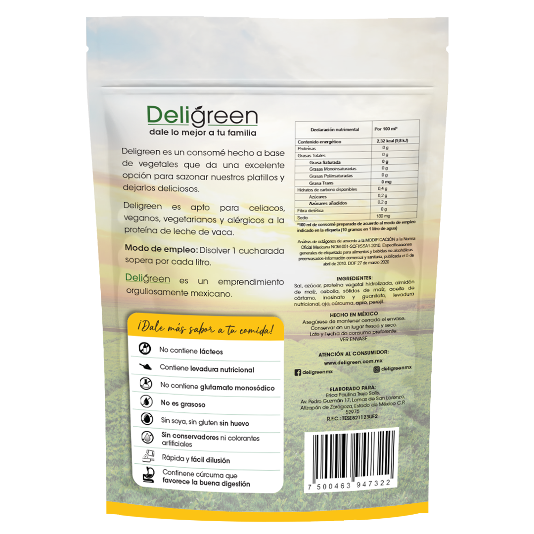 Ingredientes del consomé sazonador vegetal Deligreen