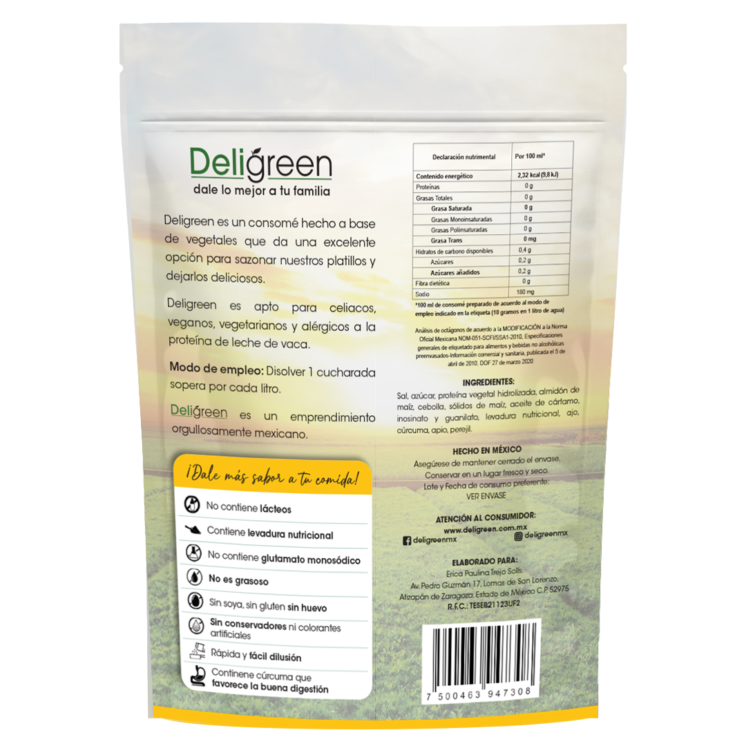 Ingredientes del consomé sazonador vegetal Deligreen