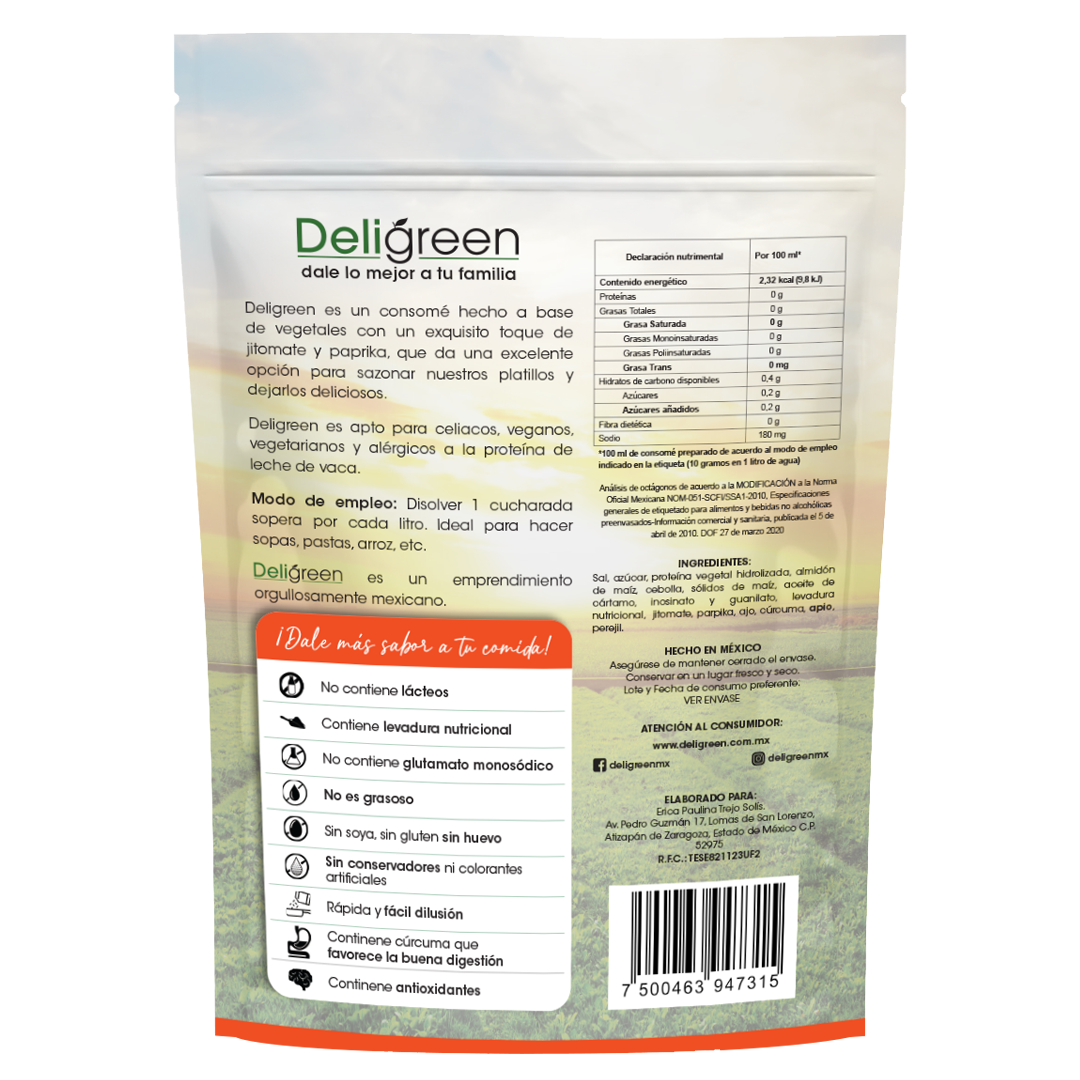 Ingredientes del consomé sazonador vegetaal Deligreen