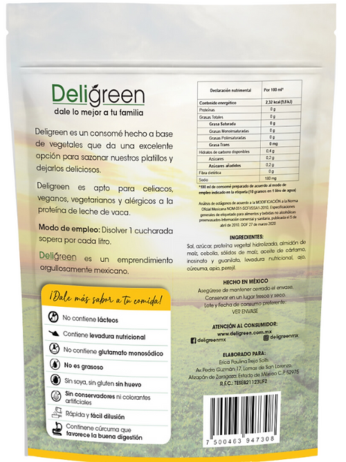 Ingredientes del consomé sazonador vegetaal Deligreen