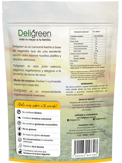 Ingredientes del consomé sazonador vegetaal Deligreen