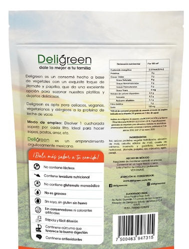 Ingredientes del consomé sazonador vegetal con jitomate Deligreen