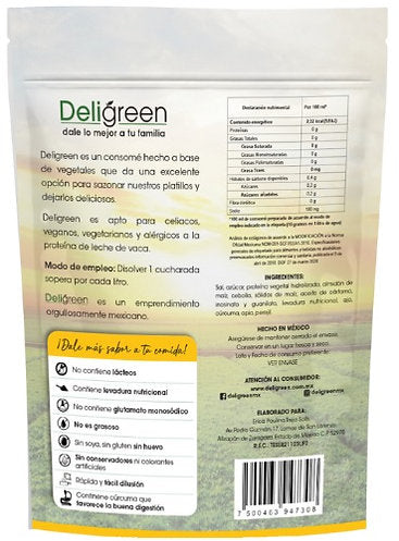 Ingredientes del consomé sazonador vegetal Deligreen
