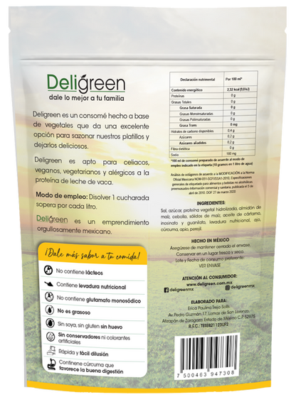 Ingredientes del consomé sazonador vegetal Deligreen